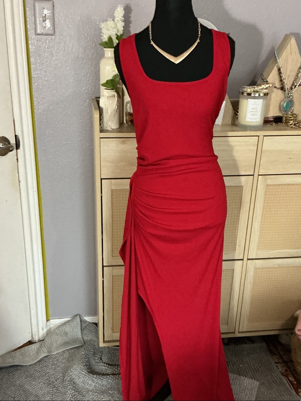 Classic Red Ruched Maxi Dress with Square Neck